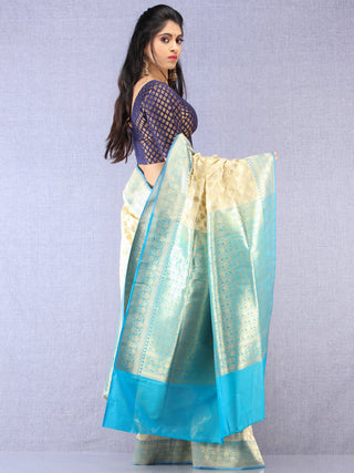 Banarasee Semi Silk Saree With Zari Border - Off White Blue & Gold - S031704350