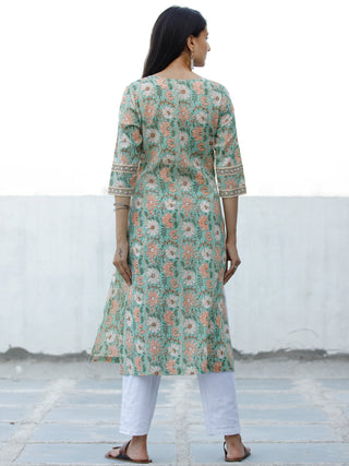 Light Green Peach OffWhite Block Printed Cotton Kurta - K195F1929