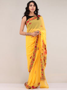 Yellow Aari Embroidered Georgette Saree From Kashmir - S031704665