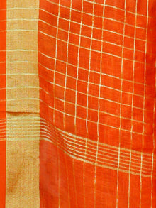 Orange Golden Handwoven Checked Linen Saree With Zari Border - S031703472