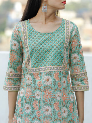 Light Green Peach OffWhite Block Printed Cotton Kurta - K195F1929