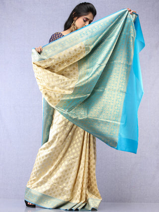 Banarasee Semi Silk Saree With Zari Border - Off White Blue & Gold - S031704350