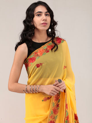 Yellow Aari Embroidered Georgette Saree From Kashmir - S031704665