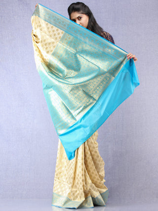 Banarasee Semi Silk Saree With Zari Border - Off White Blue & Gold - S031704350