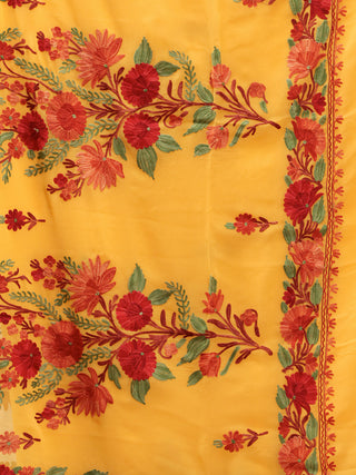 Yellow Aari Embroidered Georgette Saree From Kashmir - S031704665