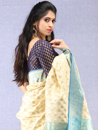 Banarasee Semi Silk Saree With Zari Border - Off White Blue & Gold - S031704350