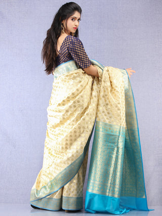 Banarasee Semi Silk Saree With Zari Border - Off White Blue & Gold - S031704350