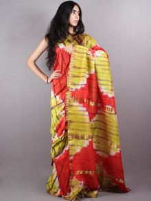 Red Mint Green Red Marvel Hand Shibori Dyed in Natural Colors Chanderi Saree with Geecha Border - S03170140
