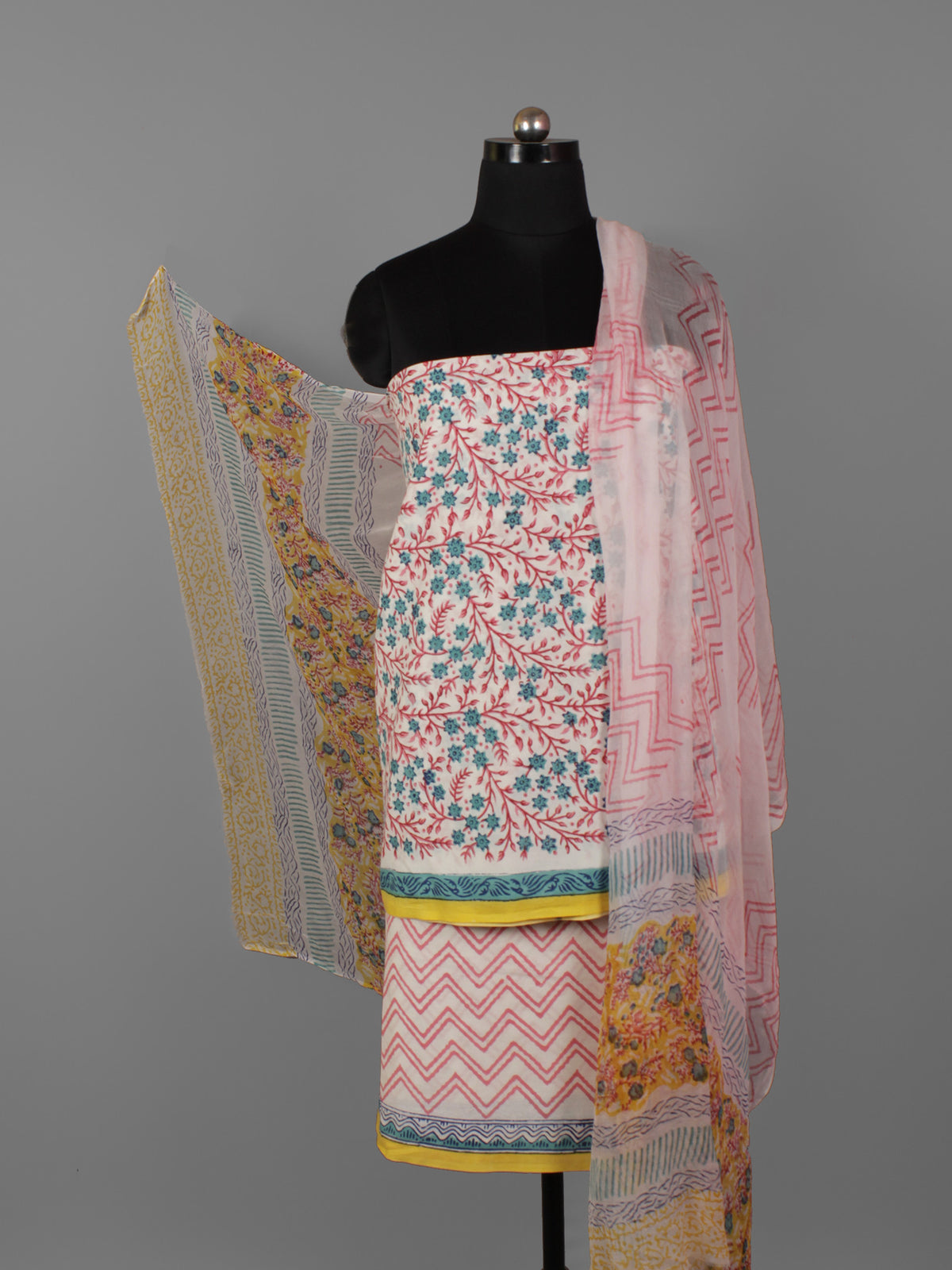 Ivory Teal Green Yellow Hand Block Printed Cotton Suit-Salwar Fabric With Chiffon Dupatta (Set of 3) - S16281320