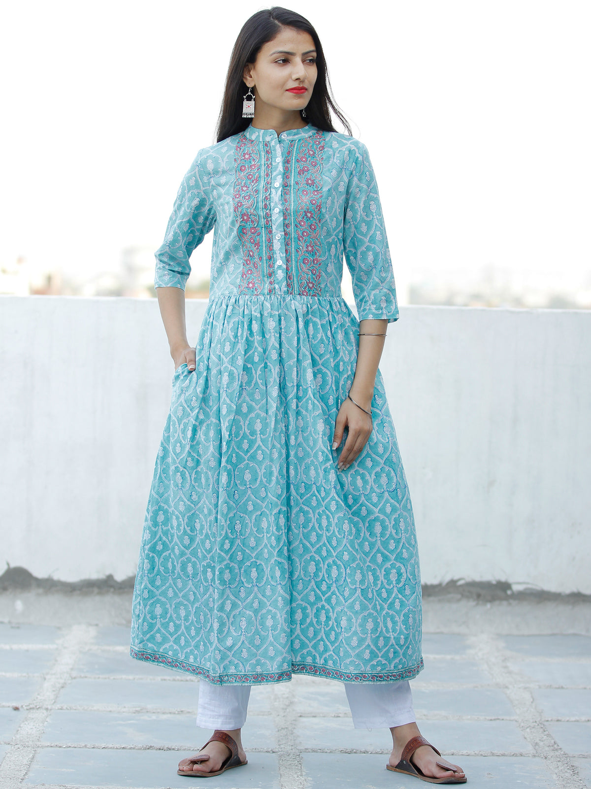 Ligh Sea Green Lavender White Hand Block Printed Cotton Long Kurta With Side Pockets - K177F1913