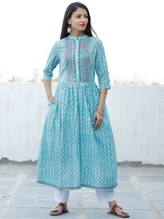 Ligh Sea Green Lavender White Hand Block Printed Cotton Long Kurta With Side Pockets - K177F1913