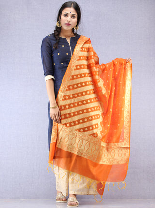 Banarasi Chanderi Dupatta With Zari Work - Orange & Gold - D04170834