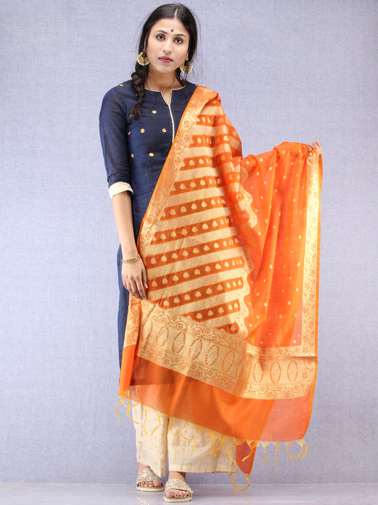 Banarasi Chanderi Dupatta With Zari Work - Orange & Gold - D04170834