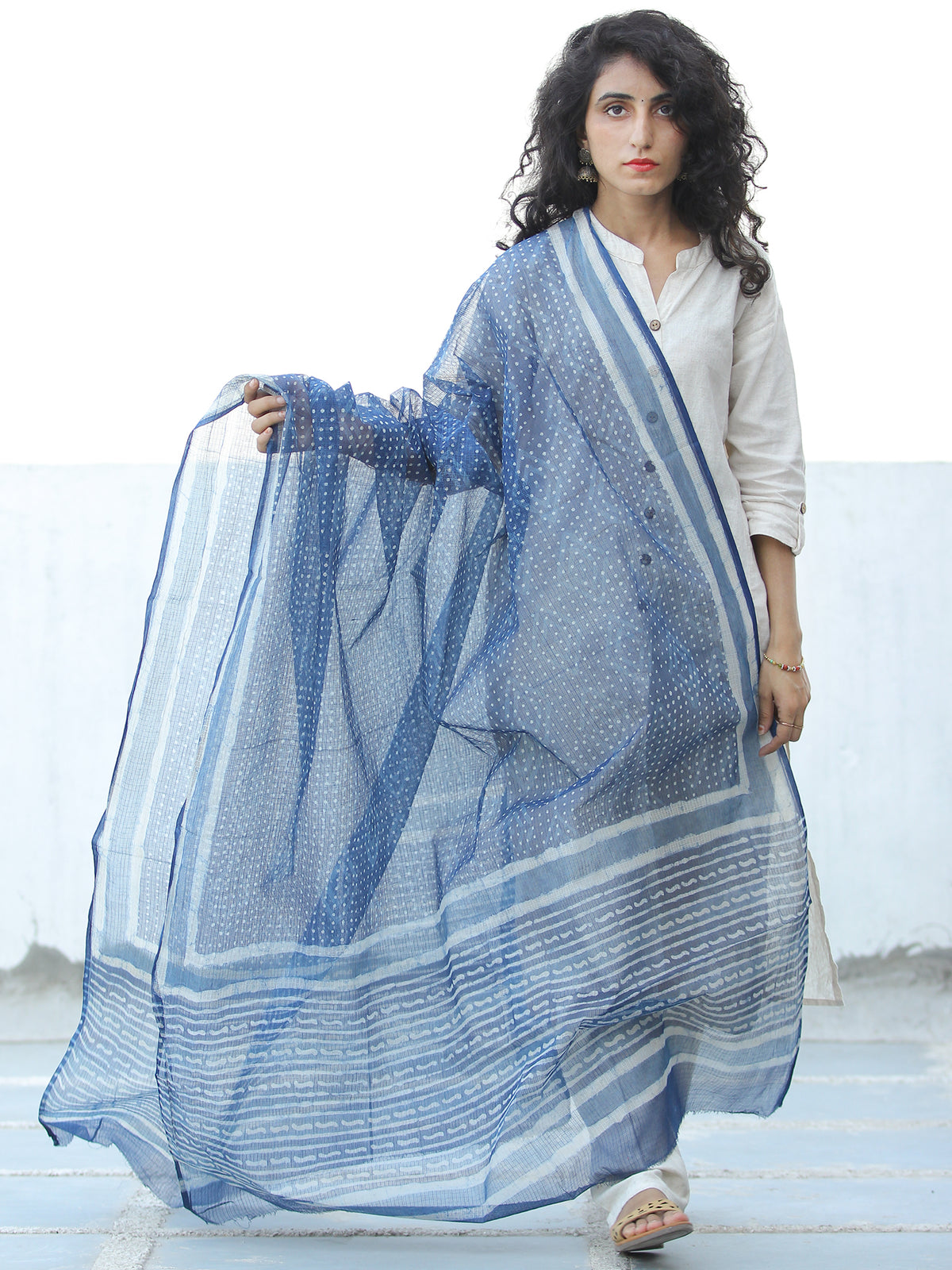 Indigo White Kota Doria Cotton Hand Block Printed Dupatta  - D04170672