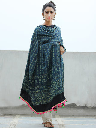 Indigo Green Black Ajrakh Hand Block Printed Modal Silk Dupatta - D04170342