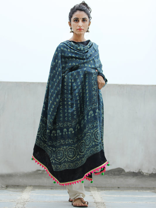 Indigo Green Black Ajrakh Hand Block Printed Modal Silk Dupatta - D04170342