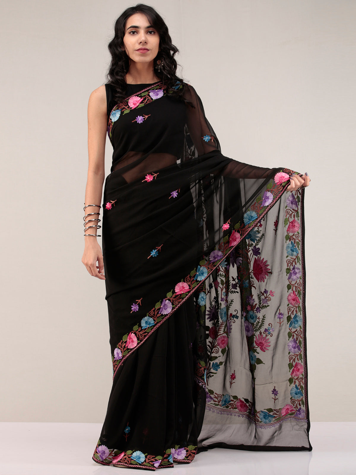Black Aari Embroidered Georgette Saree From Kashmir - S031704666