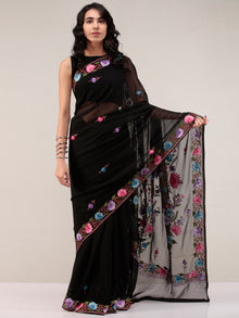 Black Aari Embroidered Georgette Saree From Kashmir - S031704666