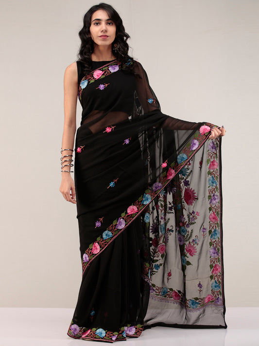 Black Aari Embroidered Georgette Saree From Kashmir - S031704666