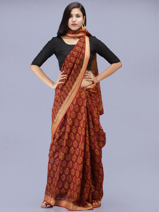 Maroon Olive Green Bagh Printed Maheshwari Cotton Saree - S031704213