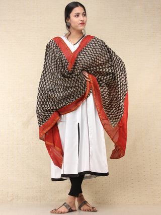 Black Beige Red Chanderi Shibori Hand Block Printed Dupatta - D04170730