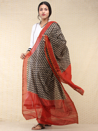 Black Beige Red Chanderi Shibori Hand Block Printed Dupatta - D04170730