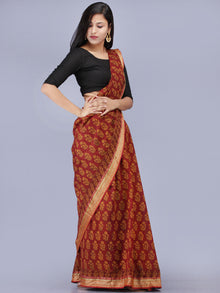 Maroon Olive Green Bagh Printed Maheshwari Cotton Saree - S031704213