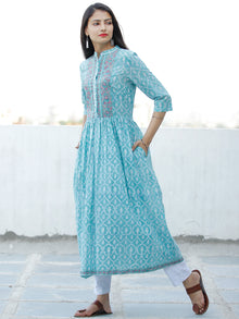 Ligh Sea Green Lavender White Hand Block Printed Cotton Long Kurta With Side Pockets - K177F1913