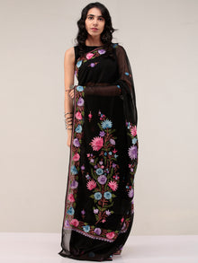 Black Aari Embroidered Georgette Saree From Kashmir - S031704666
