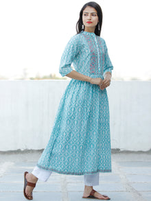Ligh Sea Green Lavender White Hand Block Printed Cotton Long Kurta With Side Pockets - K177F1913