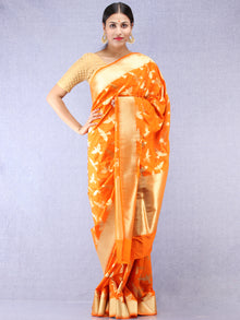 Banarasee Art Silk Saree With Bird Motif - Orange & Gold - S031704351