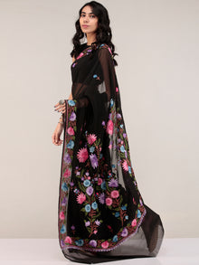 Black Aari Embroidered Georgette Saree From Kashmir - S031704666