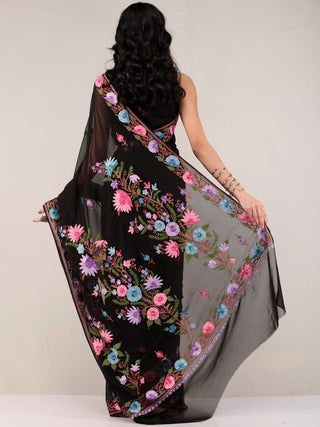 Black Aari Embroidered Georgette Saree From Kashmir - S031704666
