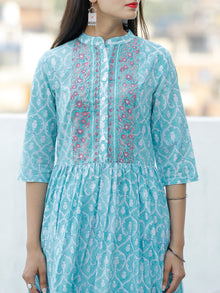 Ligh Sea Green Lavender White Hand Block Printed Cotton Long Kurta With Side Pockets - K177F1913