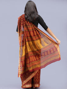 Maroon Olive Green Bagh Printed Maheshwari Cotton Saree - S031704213