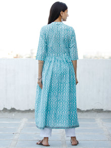 Ligh Sea Green Lavender White Hand Block Printed Cotton Long Kurta With Side Pockets - K177F1913