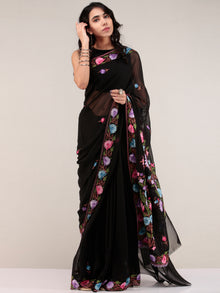 Black Aari Embroidered Georgette Saree From Kashmir - S031704666