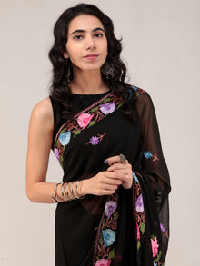 Black Aari Embroidered Georgette Saree From Kashmir - S031704666