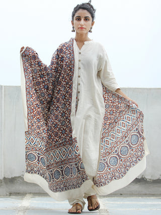Ivory Indigo Red Ajrakh Hand Block Printed Modal Silk Dupatta - D04170343