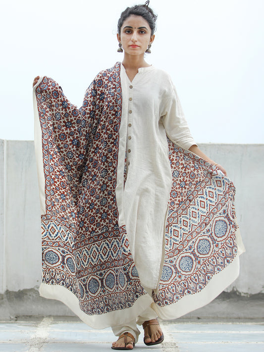 Ivory Indigo Red Ajrakh Hand Block Printed Modal Silk Dupatta - D04170343
