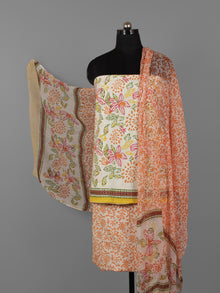 Ivory Orange Green Yellow Hand Block Printed Cotton Suit-Salwar Fabric With Chiffon Dupatta (Set of 3) - S16281321