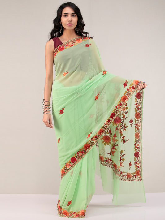 Green Aari Embroidered Georgette Saree From Kashmir - S031704667