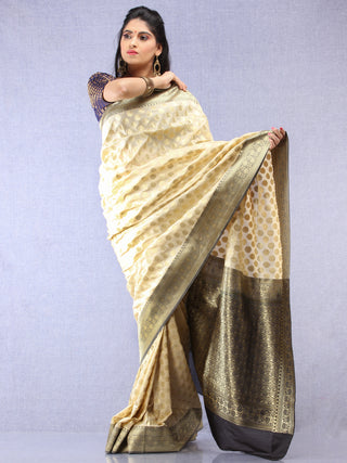 Banarasee Semi Silk Saree With Zari Border - Off White Black & Gold - S031704353