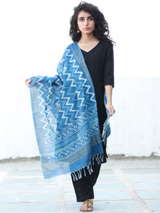 Indigo White Chanderi Hand Block Printed Dupatta - D04170492