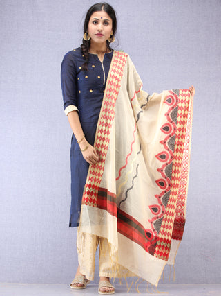 Banarasi Chanderi Dupatta With Resham Work - Ivory Red & Gold - D04170835