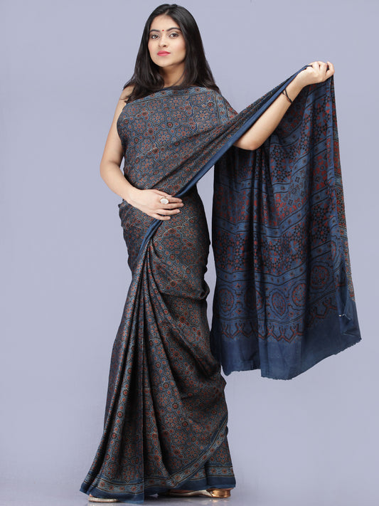 Indigo Red Black Ajrakh Hand Block Printed Modal Silk Saree - S031704203