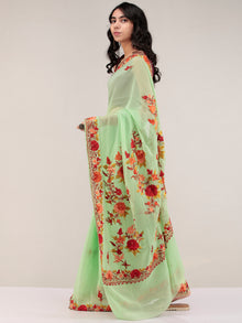 Green Aari Embroidered Georgette Saree From Kashmir - S031704667