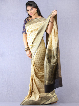 Banarasee Semi Silk Saree With Zari Border - Off White Black & Gold - S031704353