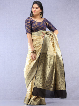 Banarasee Semi Silk Saree With Zari Border - Off White Black & Gold - S031704353