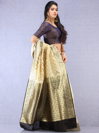 Banarasee Semi Silk Saree With Zari Border - Off White Black & Gold - S031704353